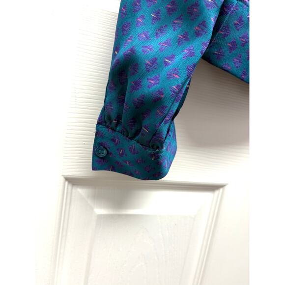 Vintage Liz Claiborne Teal Purple Print Blouson Blouse Size 10 Secretary Style - Picture 4 of 6